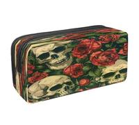 VAPOKF Pencil Case Pen Bag Student Stationery Pouch with Zipper for Boys Girls School & Office Supplies, Red Rose with Leave Skull