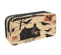 VAPOKF Pencil Case Pen Bag Student Stationery Pouch with Zipper for Boys Girls School & Office Supplies, Halloween Crows on Abandoned House