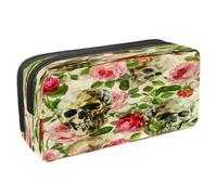 VAPOKF Pencil Case Pen Bag Student Stationery Pouch with Zipper for Boys Girls School & Office Supplies, Skulls Pink Rose with Leave