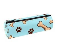 VAPOKF Pet Pawprints and Bones Leather Barrel Pen Pencil Case Coin Purse Cosmetic Makeup Bag for Student Stationery School Office Storage