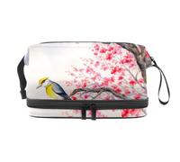 VAPOKF Pink Flowery Japan Parus Major Oriolus Cosmetic Bag for Women and Girls, Travel Toiletry Bag Makeup Handy Pouch Organizer Bag with Brush Compartment