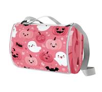 VAPOKF Pink Pumpkin Ghost Picnic Blanket Waterproof, 150x145CM Foldable Picnic Mat Slip Resistant Carrying Handle - Sandproof & Washable Beach Mat for Garden, Hiking, Camping