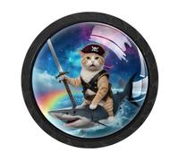 VAPOKF Pirate Cat Shark Cabinet Knobs, Premium Door Drawer Knobs, Round Cupboard Handles with Screws, for Kitchen Bedroom Furniture - Pack of 4