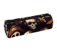 VAPOKF Pirate Skulls and Bones Leather Barrel Pen Pencil Case Coin Purse Cosmetic Makeup Bag for Student Stationery School Office Storage