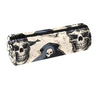 VAPOKF Pirate Skulls and Bones Leather Barrel Pen Pencil Case Coin Purse Cosmetic Makeup Bag for Student Stationery School Office Storage