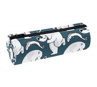 VAPOKF Polar Bear Juggling Caught Fish Pencil Cases, PU Leather Pen Bag Student Stationery Organiser Bag Makeup Pouch for Women Girls Boys Kids School Office Supplies