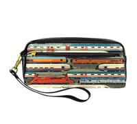 VAPOKF PU Pencil Case Pen Bag Student Stationery Pouch with Zipper for Boys Girls, School & Office Supplies - Row of Trains on Station