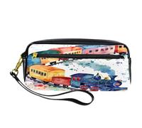 VAPOKF PU Pencil Case Pen Bag Student Stationery Pouch with Zipper for Boys Girls, School & Office Supplies - Watercolor Trains with Long Carriages
