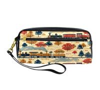 VAPOKF PU Pencil Case Pen Bag Student Stationery Pouch with Zipper for Boys Girls, School & Office Supplies - Trains and Trees