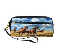 VAPOKF PU Pencil Case Pen Bag Student Stationery Pouch with Zipper for Boys Girls, School & Office Supplies - Horse Runs on Grassland