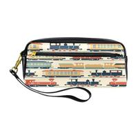 VAPOKF PU Pencil Case Pen Bag Student Stationery Pouch with Zipper for Boys Girls, School & Office Supplies - Cartoon Retro Trains