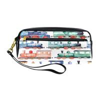 VAPOKF PU Pencil Case Pen Bag Student Stationery Pouch with Zipper for Boys Girls, School & Office Supplies - Watercolor Cartoon Trains