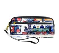 VAPOKF PU Pencil Case Pen Bag Student Stationery Pouch with Zipper for Boys Girls, School & Office Supplies - Watercolor Retro Trains