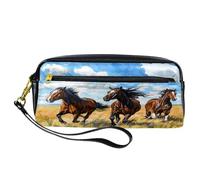VAPOKF PU Pencil Case Pen Bag Student Stationery Pouch with Zipper for Boys Girls, School & Office Supplies - Watercolor Horse Runs on Grassland