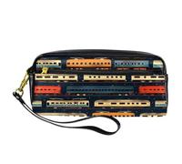 VAPOKF PU Pencil Case Pen Bag Student Stationery Pouch with Zipper for Boys Girls, School & Office Supplies - Row of Trains on Black