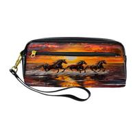 VAPOKF PU Pencil Case Pen Bag Student Stationery Pouch with Zipper for Boys Girls, School & Office Supplies - Horse Gallping on Sea Sunrise