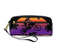 VAPOKF PU Pencil Case Pen Bag Student Stationery Pouch with Zipper for Boys Girls, School & Office Supplies - Motocross Silhouette on Sunset