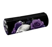 VAPOKF Purple Skull PU Leather Barrel Pen Pencil Case Coin Purse Cosmetic Makeup Bag for Student Stationery School Office Storage