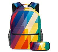 VAPOKF Rainbow Color Stitching Stripes School Bag Set for Teen Girls Boys Kids, Student Bookbag Backpack Rucksack with Pencil Case for Primary Secondary Junior High School