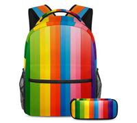 VAPOKF Rainbow Color Stripes School Bag Set for Teen Girls Boys Kids, Student Bookbag Backpack Rucksack with Pencil Case for Primary Secondary Junior High School
