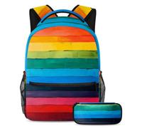 VAPOKF Rainbow Horizontal Stripes School Bag Set for Teen Girls Boys Kids, Student Bookbag Backpack Rucksack with Pencil Case for Primary Secondary Junior High School