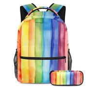 VAPOKF Rainbow Stripes School Bag Set for Teen Girls Boys Kids, Student Bookbag Backpack Rucksack with Pencil Case for Primary Secondary Junior High School