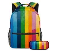 VAPOKF Rainbow Stripes School Bag Set for Teen Girls Boys Kids, Student Bookbag Backpack Rucksack with Pencil Case for Primary Secondary Junior High School