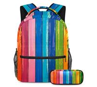 VAPOKF Rainbow Wooden Board Stripes School Bag Set for Teen Girls Boys Kids, Student Bookbag Backpack Rucksack with Pencil Case for Primary Secondary Junior High School