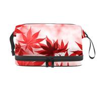 VAPOKF Red Autumn Maple Leaf Cosmetic Bag for Women and Girls, Travel Toiletry Bag Makeup Handy Pouch Organizer Bag with Brush Compartment