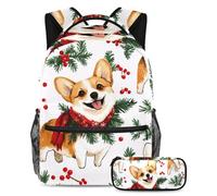 VAPOKF Red Berries Pine Corgi Dog School Bag Set for Teen Girls Boys Kids, Student Bookbag Backpack Rucksack with Pencil Case for Primary Secondary Junior High School