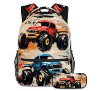 VAPOKF Red Blue Monster Car School Bag Set for Teen Girls Boys Kids, Student Bookbag Backpack Rucksack with Pencil Case for Primary Secondary Junior High School