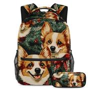 VAPOKF Red Bow Corgi Pine Leaf School Bag Set for Teen Girls Boys Kids, Student Bookbag Backpack Rucksack with Pencil Case for Primary Secondary Junior High School