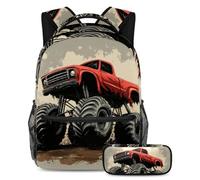 VAPOKF Red Monster Car School Bag Set for Teen Girls Boys Kids, Student Bookbag Backpack Rucksack with Pencil Case for Primary Secondary Junior High School