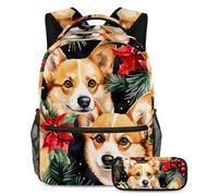 VAPOKF Red Poinsettia Berry Corgis School Bag Set for Teen Girls Boys Kids, Student Bookbag Backpack Rucksack with Pencil Case for Primary Secondary Junior High School