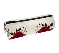 VAPOKF Red Roses Dead Skulls Leather Barrel Pen Pencil Case Coin Purse Cosmetic Makeup Bag for Student Stationery School Office Storage