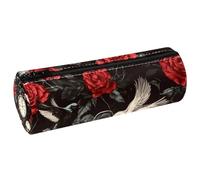 VAPOKF Red Roses Skulls Vintage Clock Leather Barrel Pen Pencil Case Coin Purse Cosmetic Makeup Bag for Student Stationery School Office Storage