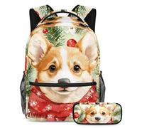 VAPOKF Red Snowflakes Scarf Corgi School Bag Set for Teen Girls Boys Kids, Student Bookbag Backpack Rucksack with Pencil Case for Primary Secondary Junior High School