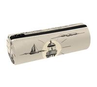 VAPOKF Retro Ocean Lighthouse PU Leather Barrel Pen Pencil Case Coin Purse Cosmetic Makeup Bag for Student Stationery School Office Storage