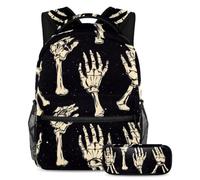 VAPOKF Rock Skeleton Hand on Dark School Bag Set for Teen Girls Boys Kids, Student Bookbag Backpack Rucksack with Pencil Case for Primary Secondary Junior High School