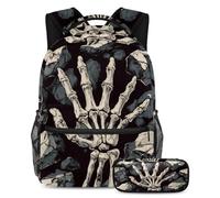 VAPOKF Rock Skeleton Hand Stone School Bag Set for Teen Girls Boys Kids, Student Bookbag Backpack Rucksack with Pencil Case for Primary Secondary Junior High School