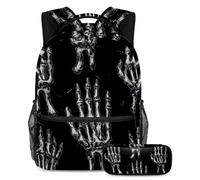 VAPOKF Rock Skeleton Hands School Bag Set for Teen Girls Boys Kids, Student Bookbag Backpack Rucksack with Pencil Case for Primary Secondary Junior High School