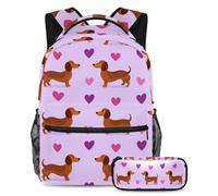 VAPOKF Rows of Dachshunds Love Hearts School Bag Set for Teen Girls Boys Kids, Student Bookbag Backpack Rucksack with Pencil Case for Primary Secondary Junior High School
