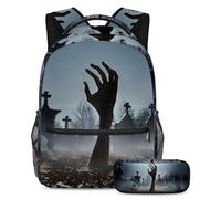 VAPOKF Scary Zombie Hand Out of Cemetery School Bag Set for Teen Girls Boys Kids, Student Bookbag Backpack Rucksack with Pencil Case for Primary Secondary Junior High School