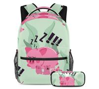 VAPOKF School Bag Set for Teen Girls Boys, Student Bookbag Backpack Rucksack with Pencil Case for School - Cute Lazy Pink Pig Sheep