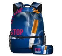 VAPOKF School Bag Set for Teen Girls Boys, Student Bookbag Backpack Rucksack with Pencil Case for School - Cigarette Off Blue Background No Tobacco Day