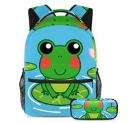 VAPOKF School Bag Set for Teen Girls Boys, Student Bookbag Backpack Rucksack with Pencil Case for School - Lovely Frog on the Lotus Leaf