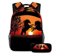 VAPOKF School Bag Set for Teen Girls Boys, Student Bookbag Backpack Rucksack with Pencil Case for School - Sunset Horses Combat Shadow Ruins