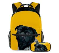 VAPOKF School Bag Set for Teen Girls Boys, Student Bookbag Backpack Rucksack with Pencil Case for School - Funny Black Pug Lazy Pet