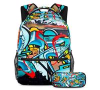 VAPOKF School Bag Set for Teen Girls Boys, Student Bookbag Backpack Rucksack with Pencil Case for School - the Doodle Car Art Painting