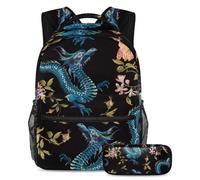 VAPOKF School Bag Set for Teen Girls Boys, Student Bookbag Backpack Rucksack with Pencil Case for School - Oriental Floral Dragons Gold Roses Pattern